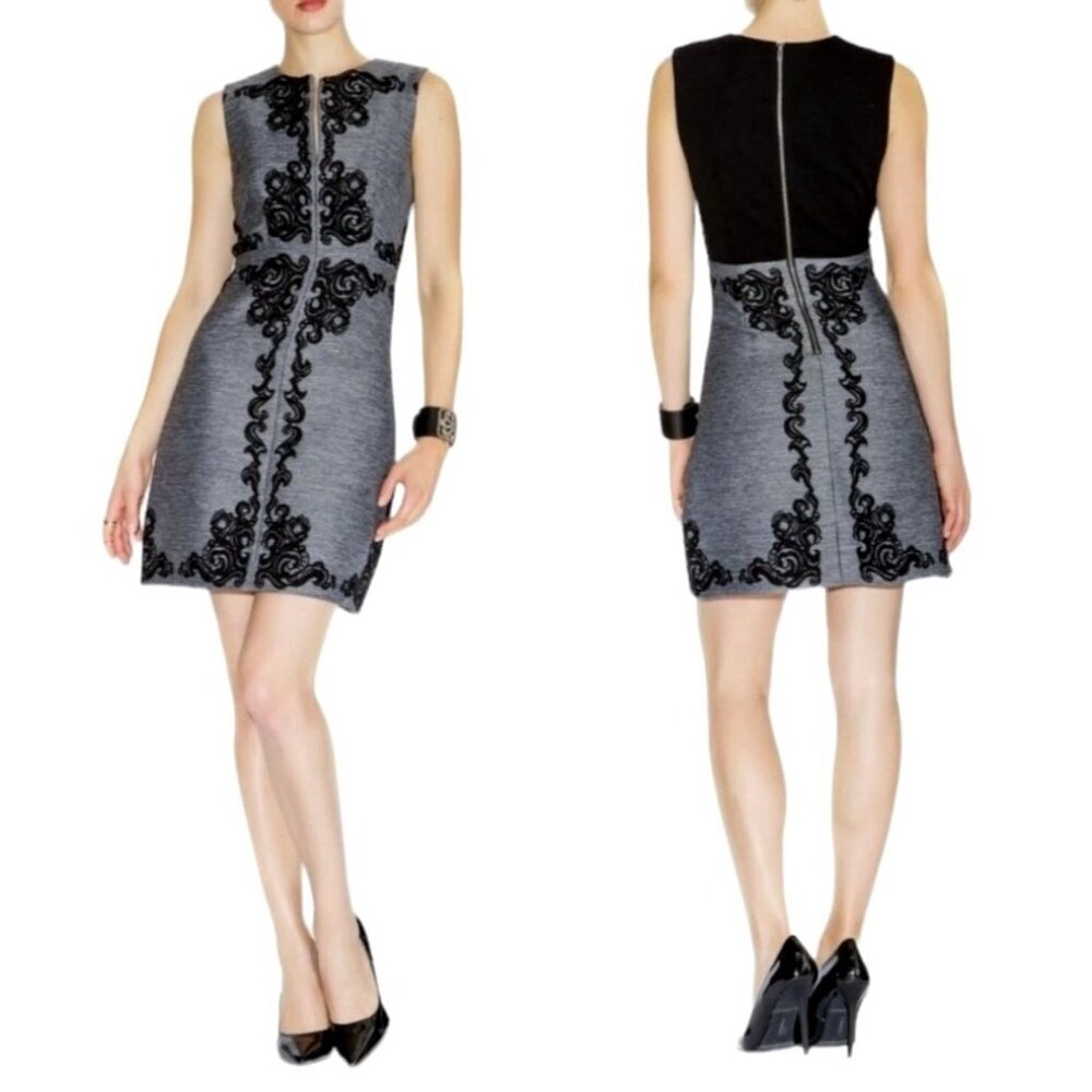 Diane von Furstenberg Dress Women 6 Gray Black Embroidered Yvette Woven A Line